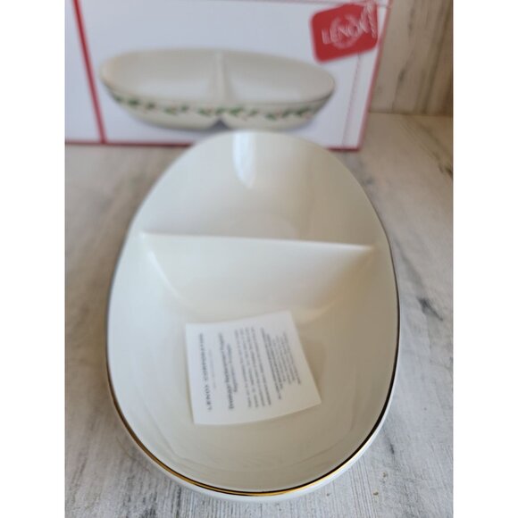 Lenox NEW white winter greetings divided oval bowl mistletoe Xmas kitchen - Picture 6 of 9